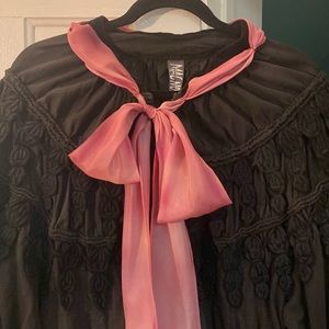 Magnolia Pearl embellished Poet Coat, 100% black linen removable red silk ribbon